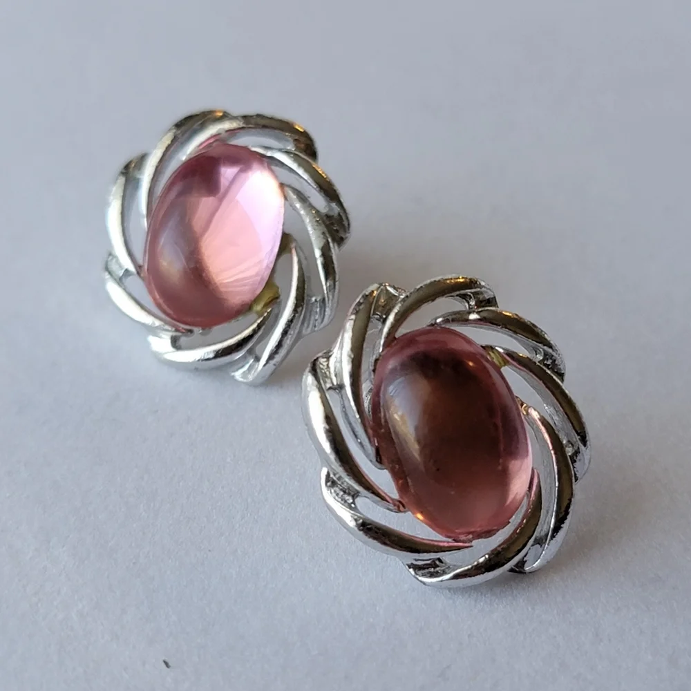 Pretty Pink Silver Tone Swirl Cabochon Flower Earrings Faux Pink Moonstone Gem